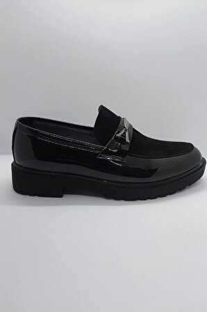%100 El İşçiliği Rugan Rahat Taban Bağcıksız Siyah Renk İmalat Deri Klasik Kundura Ayakkabı