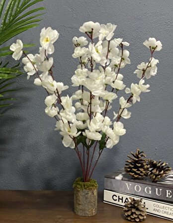Yapay Çiçek Ahşap Kütük Saksılı Beyaz Bahardalı Salon Bitkisi 50cm