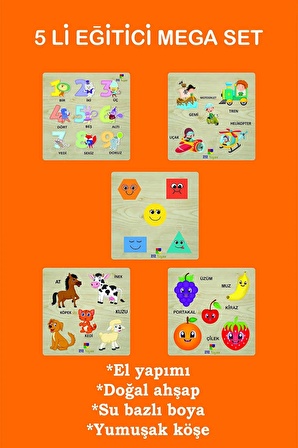 Eğitici Oyuncak Taşıtlar, Rakamlar, Meyveler, Geometrik Şekiller ve Orman Hayvan 5 Adet Puzzle Set