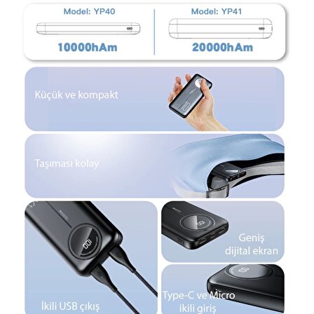 Yesido YP40 10.000 mAh Dijital Göstergeli USB3.0 PD Hızlı Şarj Powerbank