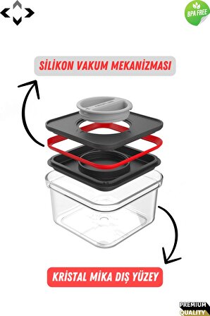 3'lü Vakumlu Kristal Mika Saklama Kabı 3 ADET Vakum Kapaklı Saklama Kabı Food Container