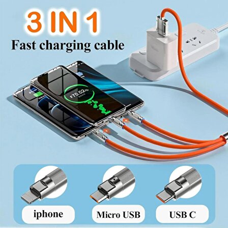 6A 120W 3 In 1 USB To Type-C + Micro USB + Lightning Hızlı Şarj Kablosu Silikon Kablo 1 Metre