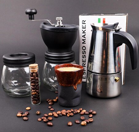 Perlotus Kahve Değirmeni ve Fincanlı Moka Pot Çelik Espresso Makinesi Hediye Seti