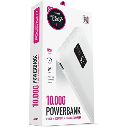Powerway 10.000 mah dijital göstergeli kablolu ince tasarim powerbank tx108