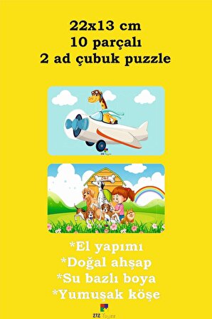 Eğitici Öğretici Sevimli Uçak+Sevimli Köpekler Dikey 10 Parçalı Ahşap Çubuk Yap Boz Puzzle 2li Set