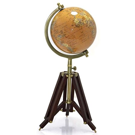 Ahşap Tripod Standlı Dünya Küre Zemin Dekoru Döner Dünya Küre Modern Harita Atlas 47cm Sarı