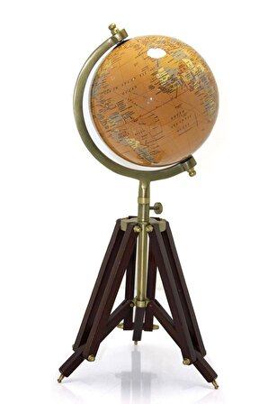 Ahşap Tripod Standlı Dünya Küre Zemin Dekoru Döner Dünya Küre Modern Harita Atlas 47cm Sarı