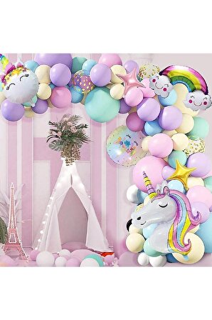 Gökkuşağı Konsepti Unicorn Temalı Makaron Balon Doğum Günü Parti Kutlama Seti