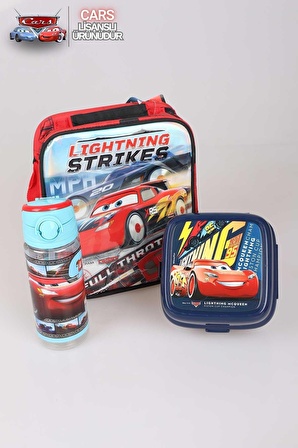 LİSANSLI CARS BESLENME ÇANTASI,TRITAN MATARA 500 ML VE 2 KATLI BESLENME KABI/LUNCH BOX SETİ 