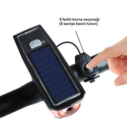 Solar Güneş Enerjili T6 LED 2000 Mah Su Geçirmez Bisiklet Feneri Kornalı Far