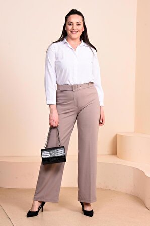 Kadın Buyuk Beden Kumas Pantolon Kemerli ve Geniş Paça Palazzo Model