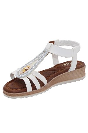 Bluefeet Akç A25 Beyaz Günlük Taşlı Kadın Sandalet Ayakkabı