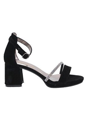 Mergenshoes D07 Siyah Taşlı Çift Bant 6 Cm KadınTopuklu Ayakkabı