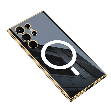 Samsung Galaxy S23 Ultra Uyumlu Kılıf Wireless Şarj Özellikli Kenarları Elektroplating Kaplama Aynalı Zore Kent Kapak (Siyah)