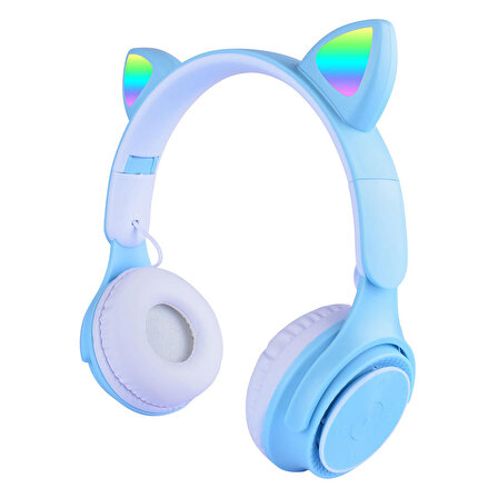 Zore M6 Pro Cat RGB Led Işıklı Kedi Kulağı Band Tasarımlı Ayarlanabilir ve Katlanabilir Kulak Üstü Bluetooth Kulaklık (Mavi)