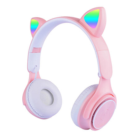 Zore M6 Pro Cat RGB Led Işıklı Kedi Kulağı Band Tasarımlı Ayarlanabilir ve Katlanabilir Kulak Üstü Bluetooth Kulaklık (Pembe)