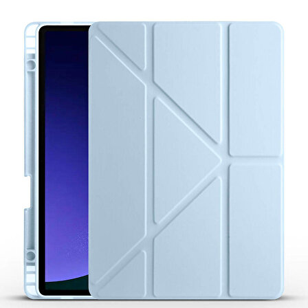 Samsung Galaxy Tab S9 Uyumlu Tablet Kılıfı Tri Folding Kalem Bölmeli Standlı Kılıf Mavi