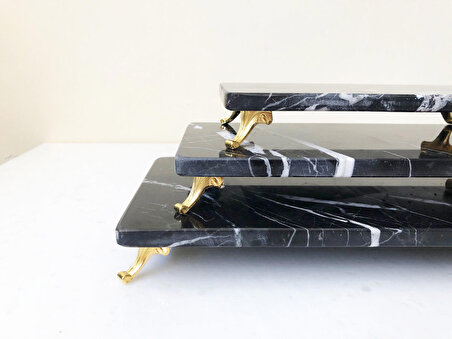 Doğal Siyah Mermer 3'lü Set Gold Ayak Black Silk MRM0114