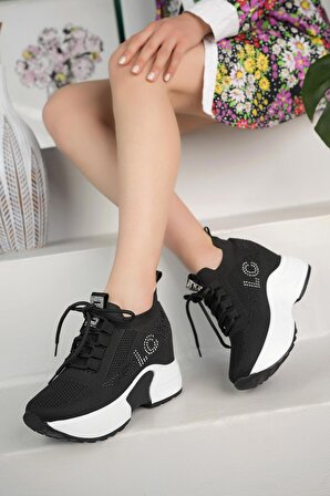 Kadın Gizli Topuk Taşlı Rahat Kalıp Bağcıklı Triko Spor Ayakkabı