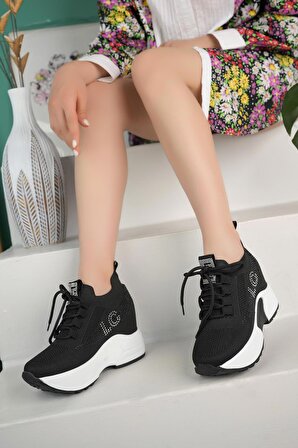 Kadın Gizli Topuk Taşlı Rahat Kalıp Bağcıklı Triko Spor Ayakkabı