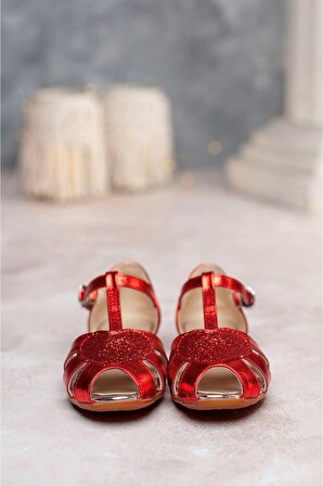 Kız Çocuk Kalpli Babet Ayakkabı Kırmızı