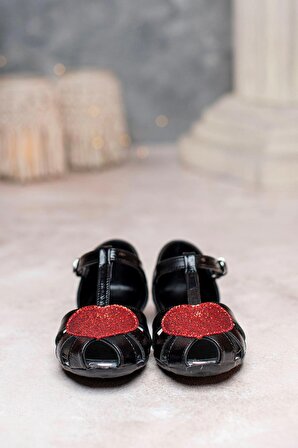 Kız Çocuk Kalpli Babet Ayakkabı Siyah