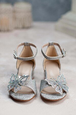 Kız Çocuk Topuklu Ayakkabı Gümüş Kelebek