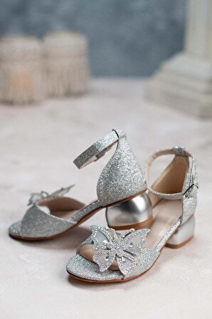 Kız Çocuk Topuklu Ayakkabı Gümüş Kelebek