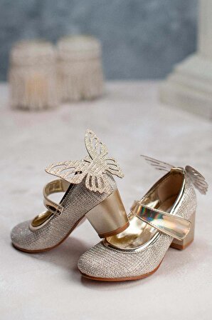 Kız Çocuk Topuklu Ayakkabı Kelebek Detaylı Gold