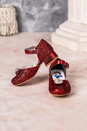 Kız Çocuk Topuklu Pamuk Prenses Ayakkabı Simli Kırmızı