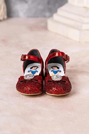 Kız Çocuk Topuklu Pamuk Prenses Ayakkabı Simli Kırmızı
