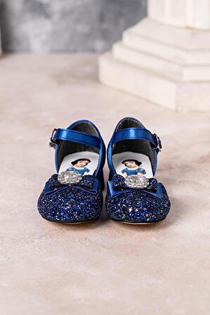 Kız Çocuk Topuklu Pamuk Prenses Ayakkabı Simli Lacivert