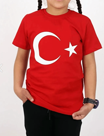 Türk Bayraklı Tişört Pamuklu Kırmızı Çocuk T-shirt- 7 yaş