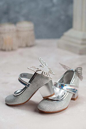 Kız Çocuk Topuklu Ayakkabı Kelebek Detaylı Gümüş