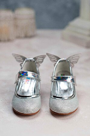 Kız Çocuk Topuklu Ayakkabı Kelebek Detaylı Gümüş