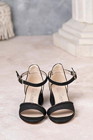 Kız Çocuk Topuklu Ayakkabı Taş Detaylı Siyah
