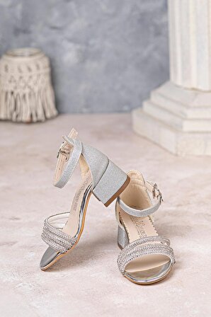 Kız Çocuk Topuklu Ayakkabı Taşlı Gümüş