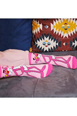 Pembe Panter Desenli Renkli Çorap