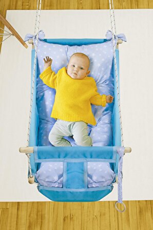 Kids Mavi Bebek Uyku Salıncağı Çocuk Ahşap Hamak Beşik Salıncak Minderli Yatak Seti