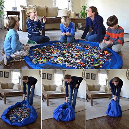 Çocuk Oyuncak Hurcu Mavi Çanta Oyun Halısı Lego Puzzle ve Yapboz Eğitici Oyuncaklar Sepeti