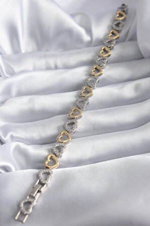 Pirinç Gümüş Gold Renk Kalp Model Zirkon Taş Detay VİP Seri Kadın Bileklik