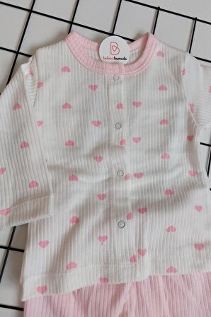 Kalp Baskılı Fitilli Önden Çıtçıtlı Bebek Pijama Takımı