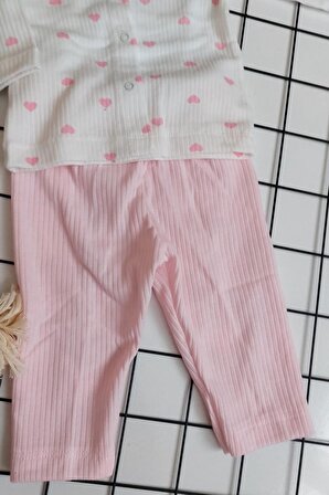 Kalp Baskılı Fitilli Önden Çıtçıtlı Bebek Pijama Takımı