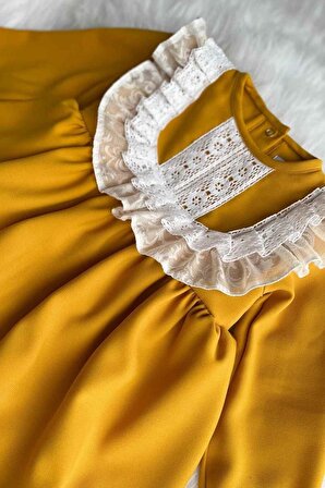 Dantel Detaylı Hardal Krep Kız Çocuk Bebek Tasarım Elbise