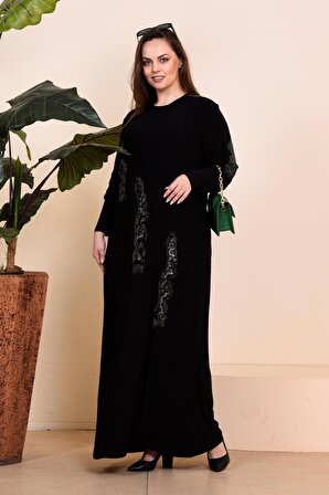 Kadın Buyuk Beden Leopar Desenli Siyah Tesettur Elbise