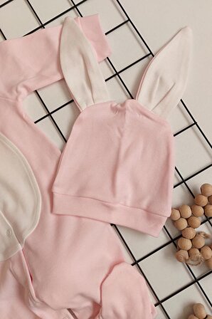 Tavşancık Şapkalı Çıkarılabilir Ponponlu Bebek Tulum Tavşan Tulum