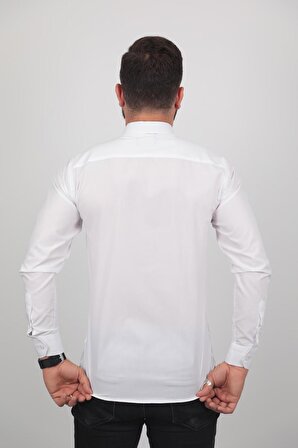 %97 Cotton (PAMUK) %3 Lycra Slimfit Beyaz Klasik Erkek Gömlek