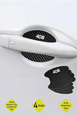 Oto Araç Kapı Kolu Koruyucu Boya Çizik Önleyici Karbon  Peugeot 408 Uyumlu Beyaz 408 Yazılı