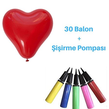 Balon Şişirme Pompası Ve 30 Adet Kalpli Balon Kırmızı Balon