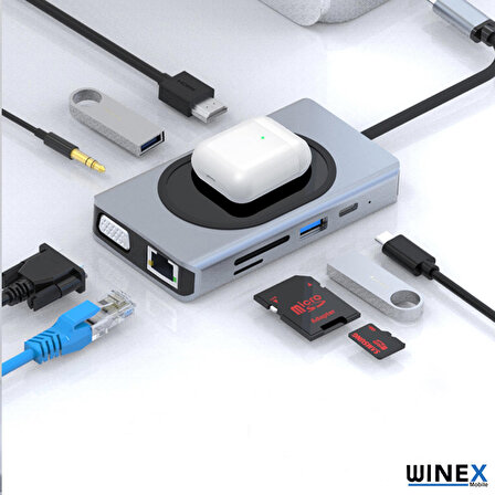 Global 9in1 USB Type-C Hub Port Adaptör 4K HDMI USB Ethernet PD Girişli 15W Kablosuz Şarj WNE0064